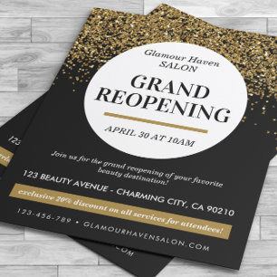 Storöppning av Salon Flyer i Svarta Guld Glitter