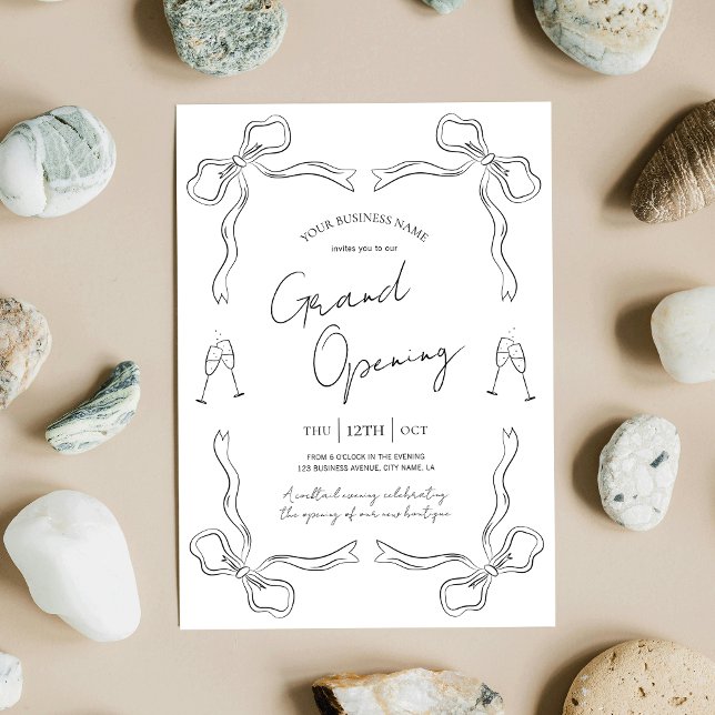 Storöppning för Hand plockade Black & White Busine Inbjudningar (Elegant hand drawn whimsical business grand opening event invitations in black and white)