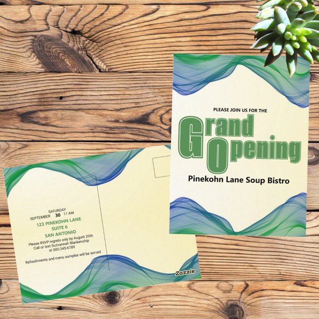 Storöppningsbar blå Grönt Gräns Vattenfärg Vinkar Vykort (front and back template postcard grand opening announcement)