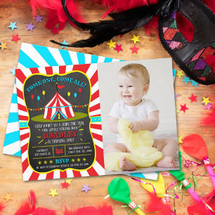 Storpopulär cirkus-karnival-kartong 1:a födelsedag inbjudningar