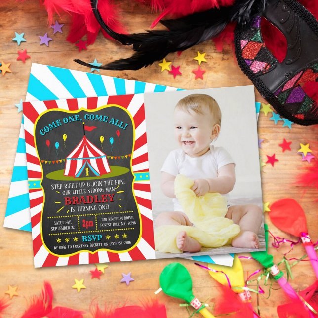 Storpopulär cirkus-karnival-kartong 1:a födelsedag inbjudningar (Skapare uppladdad)