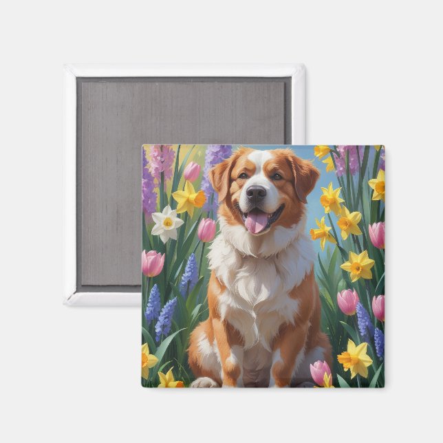 Större schweizisk bergshund Vårblommor Målning Magnet (Front/Back)