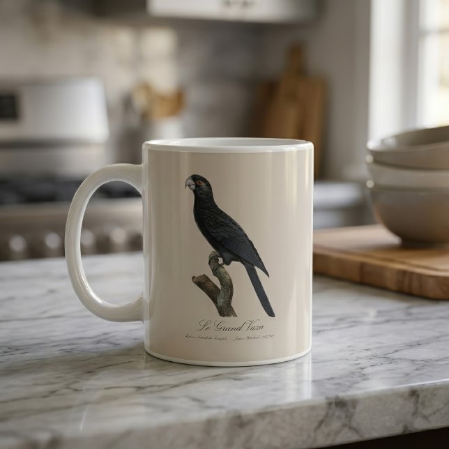 Större vasapapegoja, Coracopsis vasa Illustration Kaffemugg (Greater Vasa Parrot, Coracopsis Vasa Illustration. Coffee Mug)