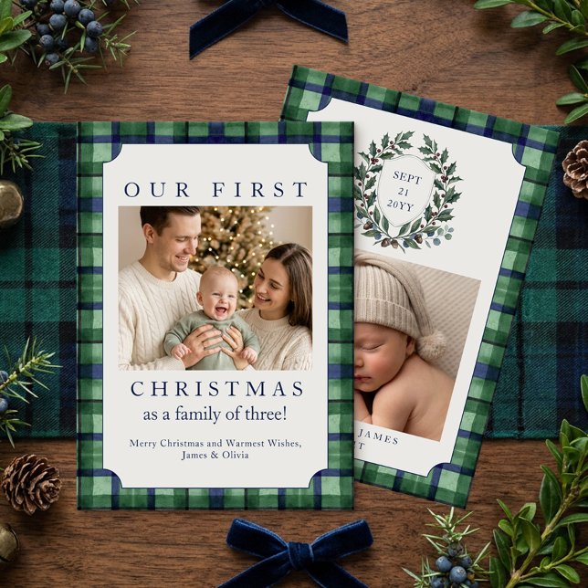 Storsint barn första julrutig foton julkort (New Baby first christmas card - Old Money Heritage Christmas collection by Darling & May)