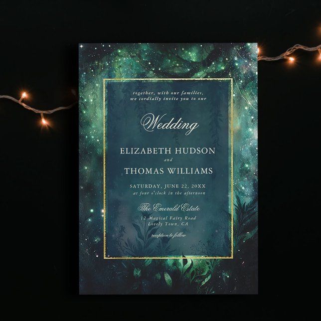 Storskog Faux Guld Ram Elegant bröllop Inbjudningar (enchanted forest wedding invitation elegant frame faux gold magical fairy greenery garden foliage)