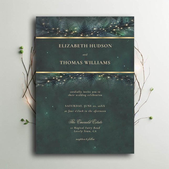 Storskog Garland Fairytale Guld Bröllop Inbjudningar (enchanted forest wedding invitation emerald gold frame garland typography modern classic)
