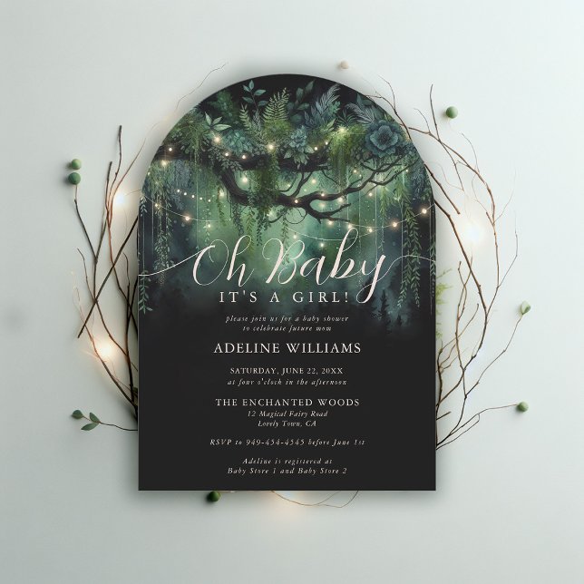 Storskog, magisk trädstöt, barnstödsprogram inbjudningar (enchanted forest baby shower emerald green boho arch magical woodland fairy tale faerie invitation)