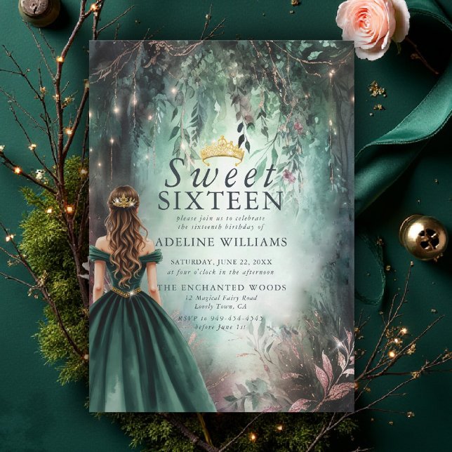 Storskog Tiara Guld Emerald Mauve Sweet 16 Inbjudningar (sweet 16 invitations enchanted forest emerald green gold princess tiara fairytale magical garden)