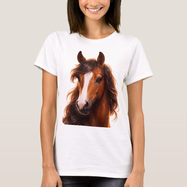 Storslagen, brun häst med vit bläs t shirt (Framsida)