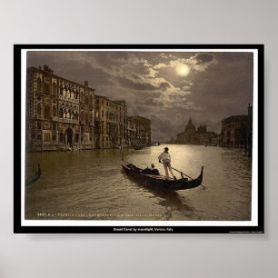 Storslagen kanal vid månsken, Venedig, italien Poster