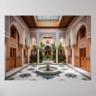 Storslagen marockansk riad innergård med marmorfon poster