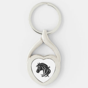 Storslagen svart hästhuvud twisted heart silverfärgad nyckelring