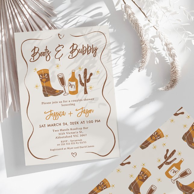 Storslagna Möhippor och Par-stövel Inbjudningar (Boots and Bubbly Couples Shower Invitation Whimsical Couples Shower Invitation Hearts Champagne)