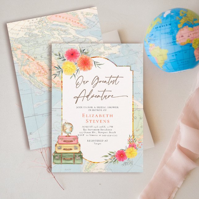 Största Äventyrs Blommiga Världskarta Resa Bröllop Inbjudningar (travel bridal shower invitation floral watercolor world map suitcases elegant modern chic)