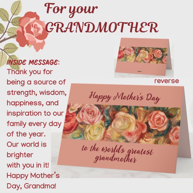 "Största farmor" Mors dag Blomster Rosor Kort (A beautiful floral roses Mother's Day card for your special grandmother! All text customizable.)