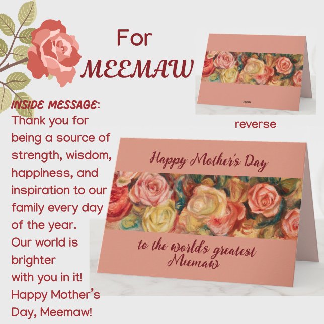 'Största Meemaw' mors dag blommiga rosor anpassade Kort (A beautiful floral roses Mother's Day card for your special southern Meemaw (grandmother)! )