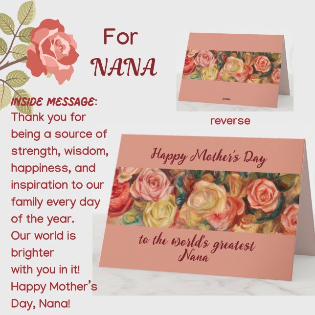 'Största Nana' Mors Dag Blommande Rosor Beställnin Kort (A beautiful floral roses Mother's Day card for your special Nana (grandmother)! Customizable.)