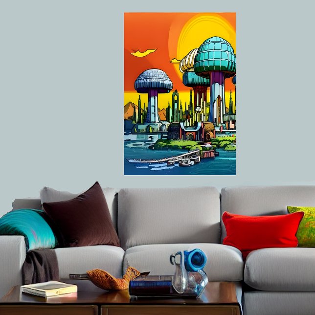 Storstad med färgad svamp | AI Art Poster (Skapare uppladdad)