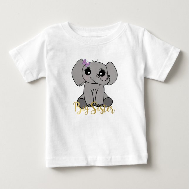 Storsyster, nyfödd bebis elephant faux guld-letter t-shirt (Framsida)