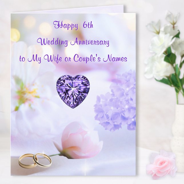 STORT, 6-årsjubileumskort. Jubileumskort Kort (6th Year Anniversary Card. Happy 6th wedding anniversary card for wife. Amethyst wedding anniversary)