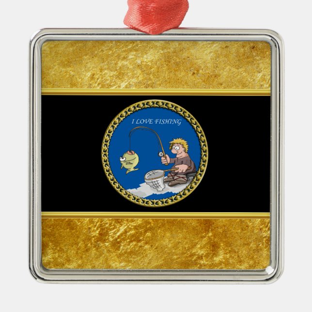 Stort bas- fiskarefiske på isen julgransprydnad metall (Framsidan)