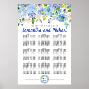 Stort, blått Hydrangea 9-Bord sittdiagram Poster