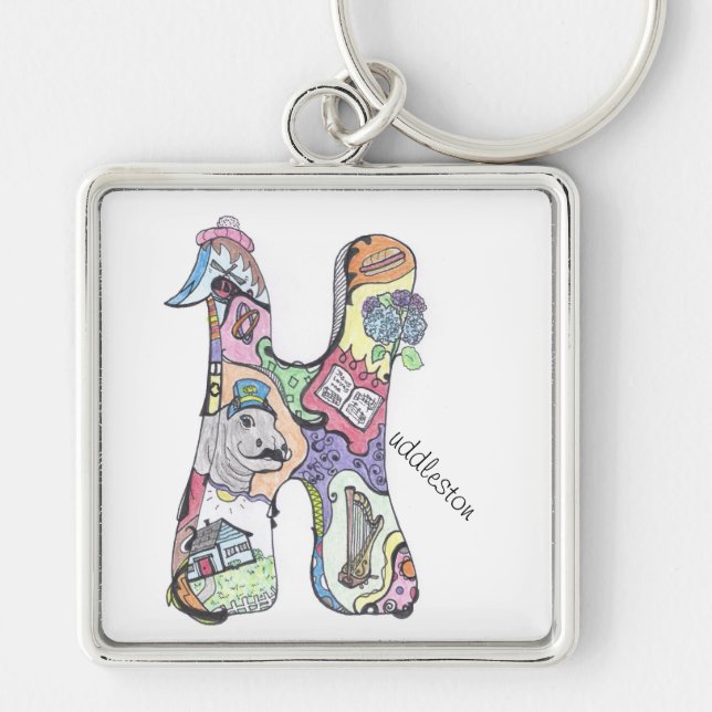 stort kvadrera nyckelringen:  "H-" uddleston Fyrkantig Silverfärgad Nyckelring (Framsidan)