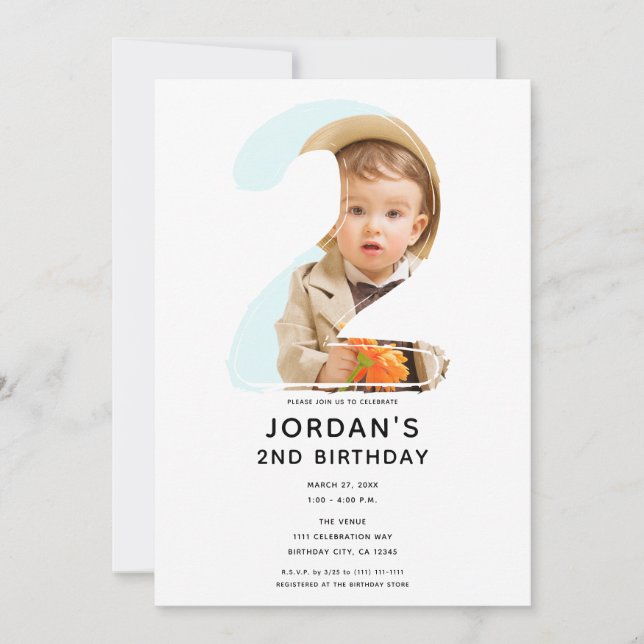 Stort nummer 2 TVÅ Foto Andra 2:a födelsedagsfest Inbjudningar (Framsida)