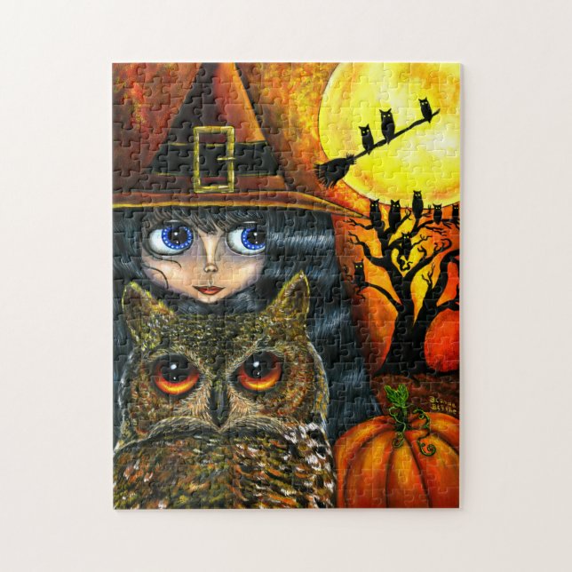 Stort öga flicka Doll Halloween Witch Ugglor Pussel (Vertikal)
