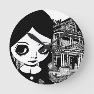 Stort öga Goth-flicka Bort hus Original Art Rund Klocka