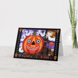Stort öga grinning Halloween Pumpkin Svarta katter Kort