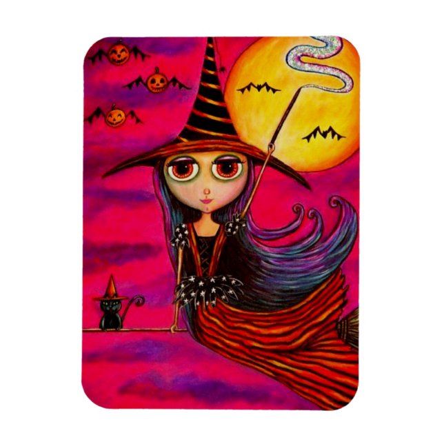 Stort öga Halloween Witch Girl i Rand Black Cat Magnet (Vertikal)