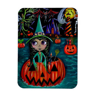 Stort öga Halloween Witch Girl Riding in a Pumpkin Magnet