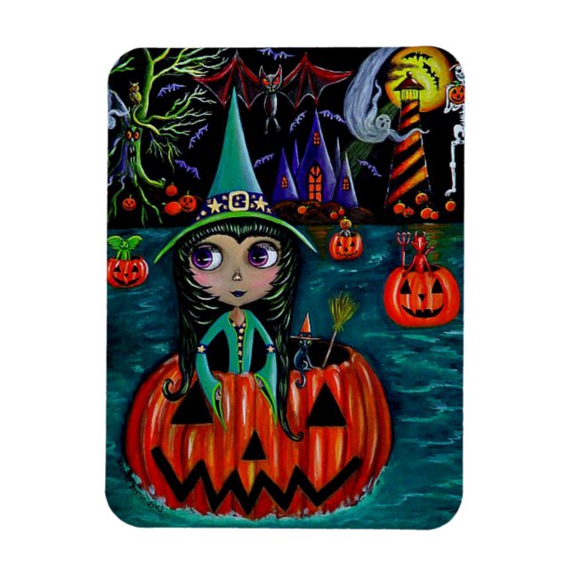 Stort öga Halloween Witch Girl Riding in a Pumpkin Magnet (Vertikal)