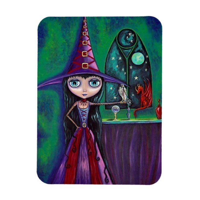 Stort öga Witch Girl med Falcon & Dragon Cute Magnet (Vertikal)