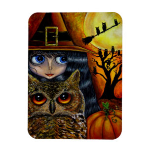Stort öga Witch Girl och Uggla Pumpkin Måne Hallow Magnet