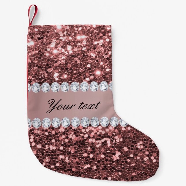 Stort rosa guld- Fauxglitter och diamanter Liten Julstrumpa (Framsidan)
