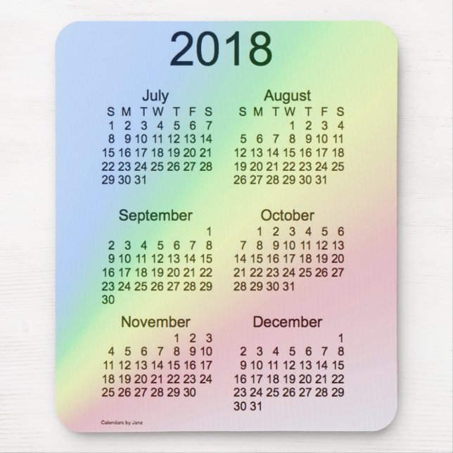 Stort tryck 2018 för regnbåge kalender för 6 månad musmatta (Framsidan)