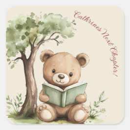 Storybook Bear Tree Beige Baby Shower Sticker Fyrkantigt Klistermärke