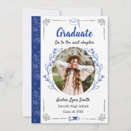 Storybook Blooms Studenten-fotokort, Royal Blue Inbjudningar