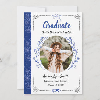 Storybook Blooms Studenten-fotokort, Royal Blue Inbjudningar