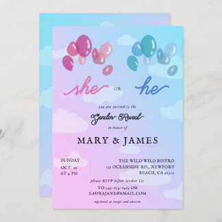 Storybook Cute Balloons Clouds Gender Reveal Party Inbjudningar