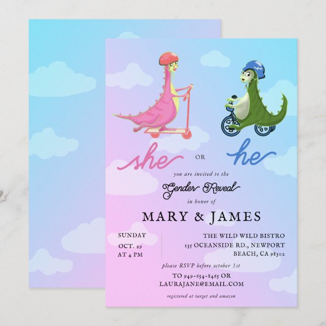 Storybook Cute Dinosaurs Gender Reveal Party Inbjudningar (Fram/baksida)