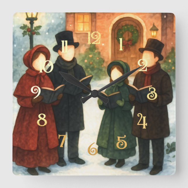 Storybook Illustration Facless jul Carolers Fyrkantig Klocka (Framsida)
