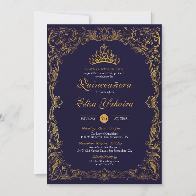 Storybook Quince för Royal Ornamental Guld Blue Kr Inbjudningar (Framsida)