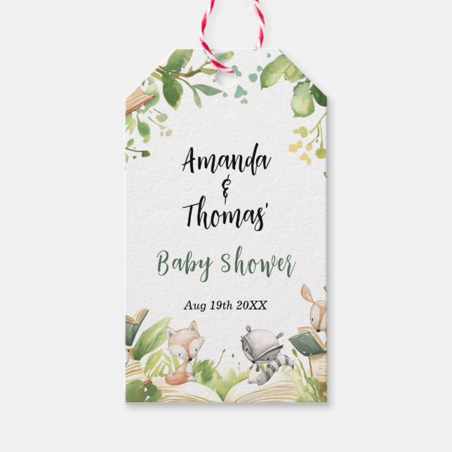 Storybook Thworthy Woodland Animals Baby Shower Presentetikett (Framsidan)
