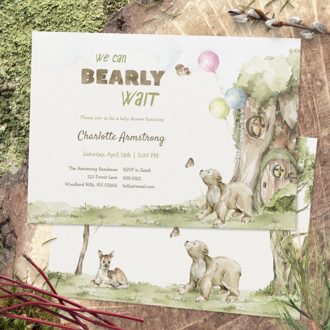 Storybook Treehouse Bearly Wait Baby Shower Inbjudningar (Storybook Treehouse Bearly Wait Baby Shower Invitation ©Susanne Sachers - Sunny Mind 🌞)