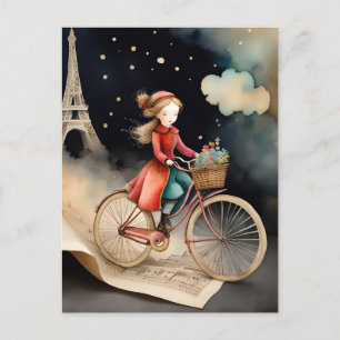 Storybook Watercolor Paris Bicycle Ride Vykort