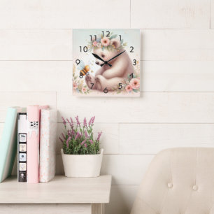 Storybook Woodland Spädbarn Bear och Bee Fyrkantig Klocka