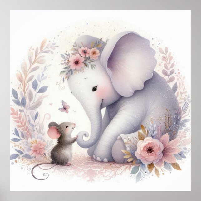 Storybook Woodland Spädbarn Elephant and Mouse Poster (Framsidan)